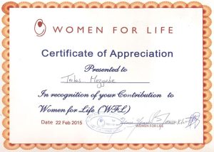 Certificate of Appreciation Women for Life 2015G.C