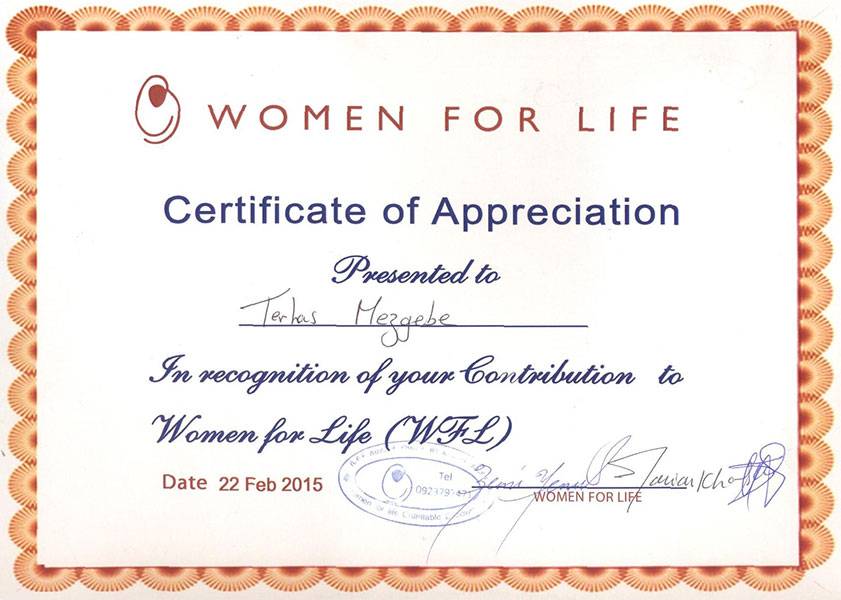 Certificate of Appreciation
Women for Life 2015G.C