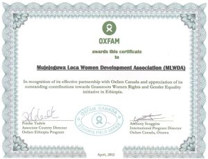 Certificate of Award From Oxfam Canada engagement in Ethiopia