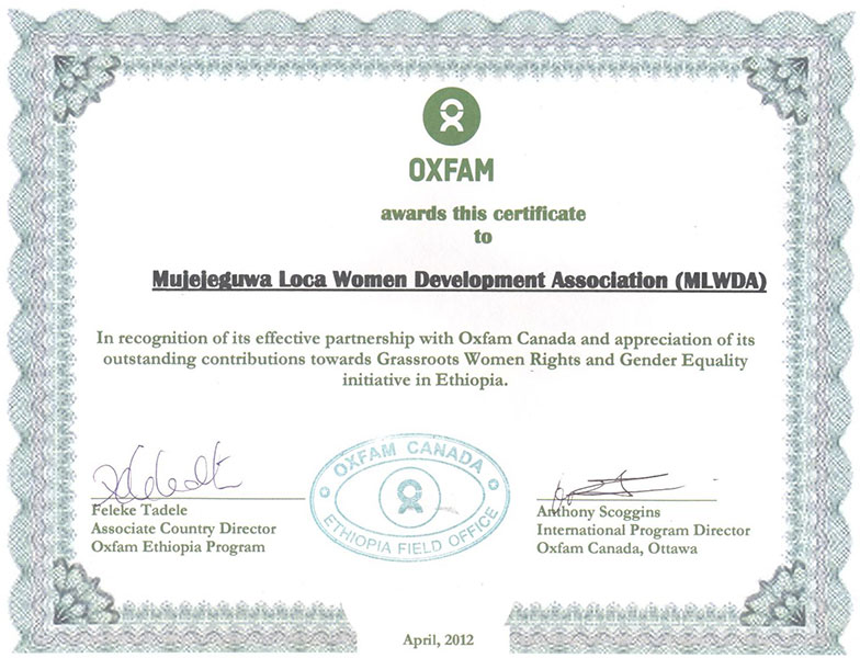 Certificate of Award
From Oxfam Canada engagement in Ethiopia