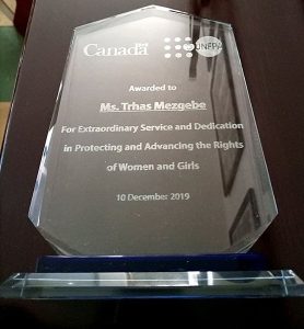 Extraordinary Service and Award to Trhas Mezgebe For Extraordinary Service and Dedication in Protecting and Advancing the Rights of Women and Girls 10 December 2019 in Protecting and Advancing the Rights of Women and Girls