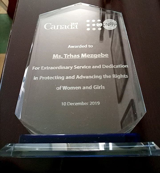 
Award to Trhas Mezgebe

For Extraordinary Service and Dedication in Protecting and Advancing the Rights of Women and Girls 10 December 2019
