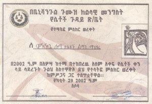 Certificate of Appreciation Benishangul-Gumuz National Regional State women affairs office for key role of MLWDA play during 2002E.C international women day celebrated in the region.